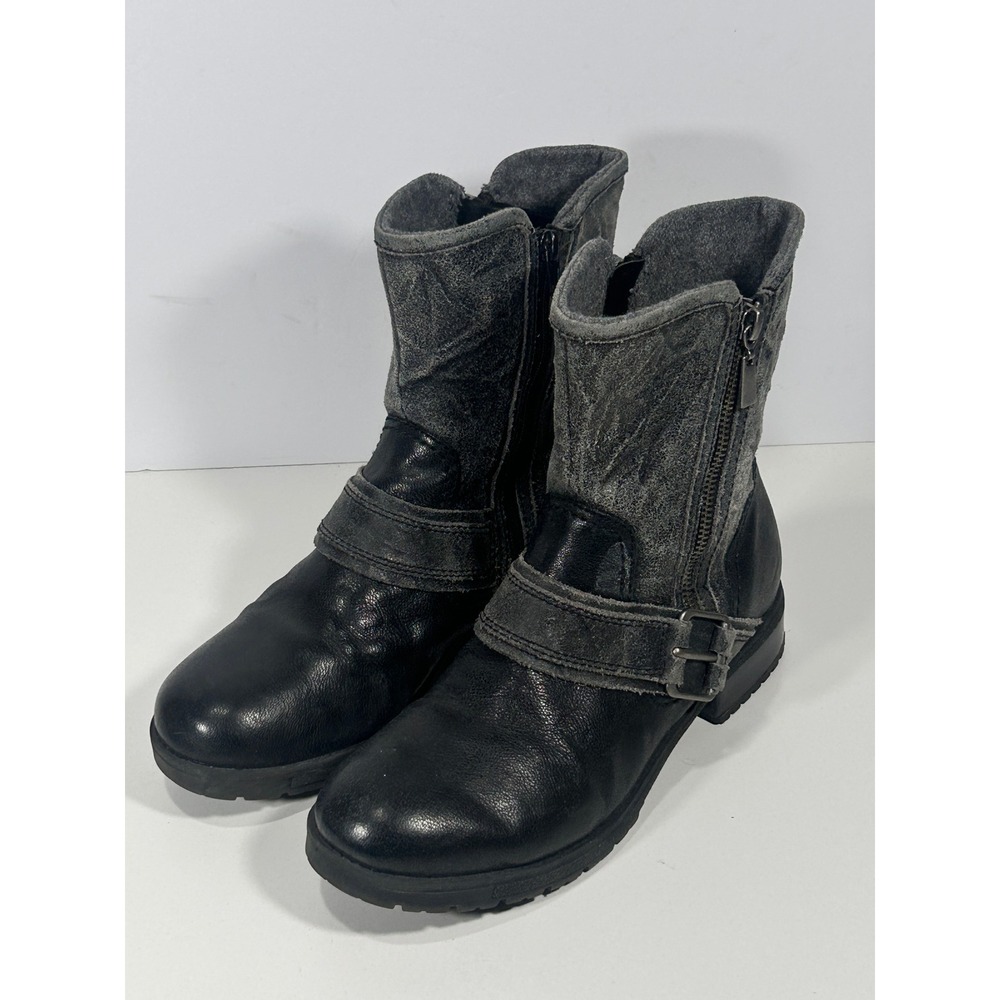 Clarks Black Leather 8.5 suede Mix Media Moto Ankle Boots Zip Buckle Lug Sole